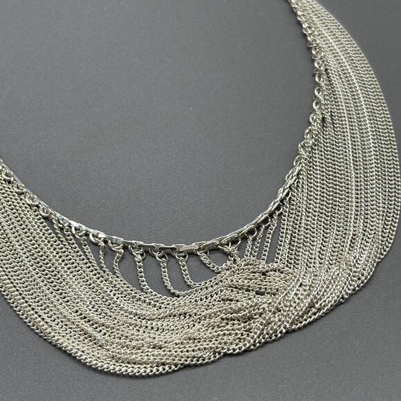 Sterling Silver 925 Multi Strand Layered Waterfall Drape Necklace 24g 18" Curb - Picture 6 of 8